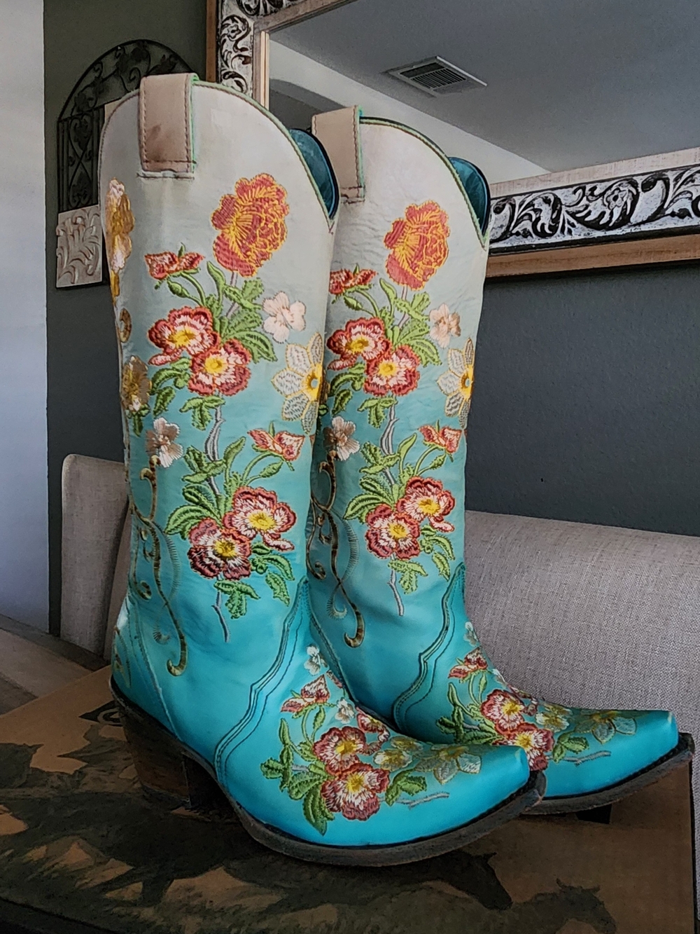 Turquoise Floral Embroidered Western Heeled Boots